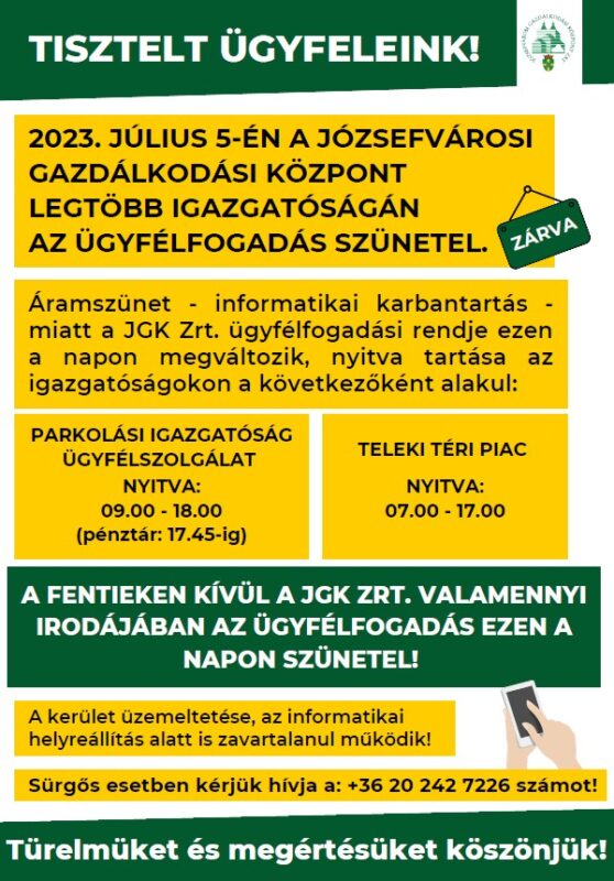 2023 július 5-én áramszünet lesz a JGK-nál!