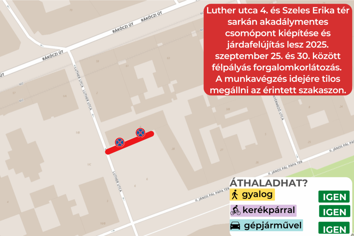 Akadálymentes csomópont építése és járdafelújítás lesz a Luther utca 4. és a Szeles Erika tér találkozásánál