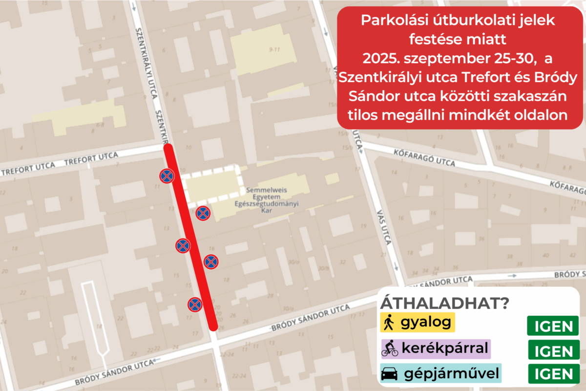 Parkolási útburkolati jelek festése miatt megállási tilalom a  a Szentkirályi utcában szeptember 24-én