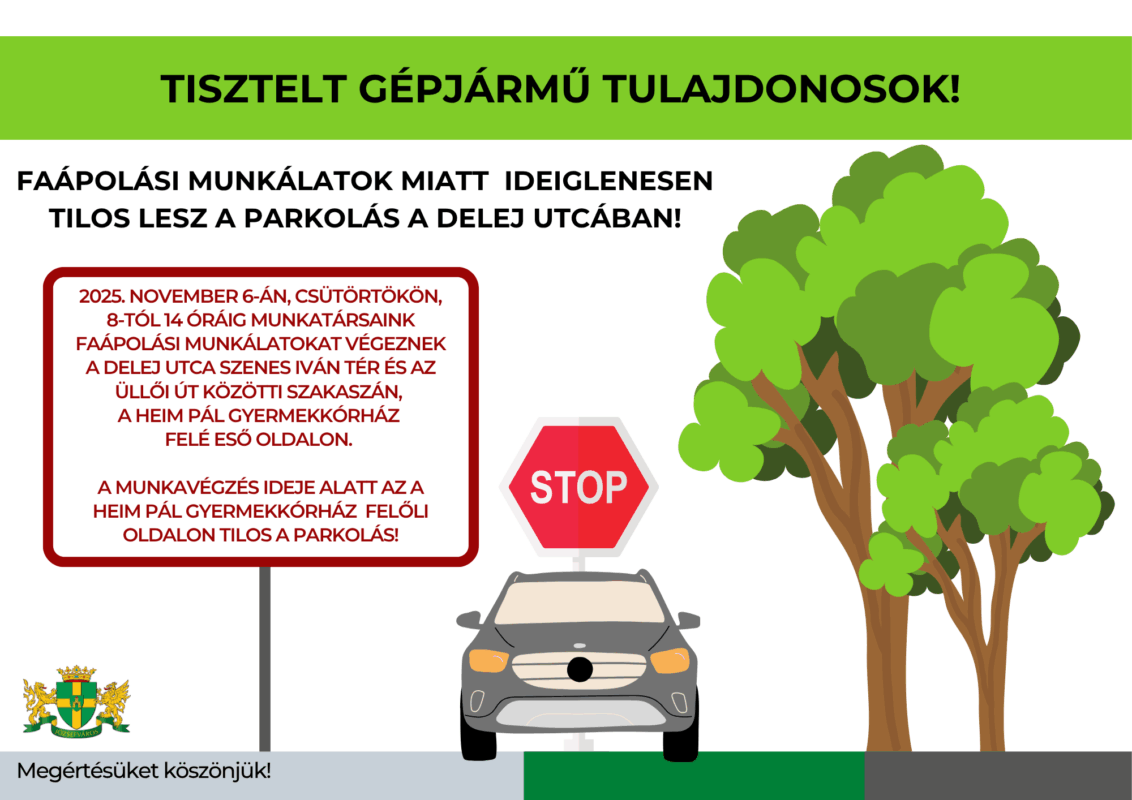 Faápolási munkálatok miatt ideiglenesen tilos lesz a parkolás a Delej utcában