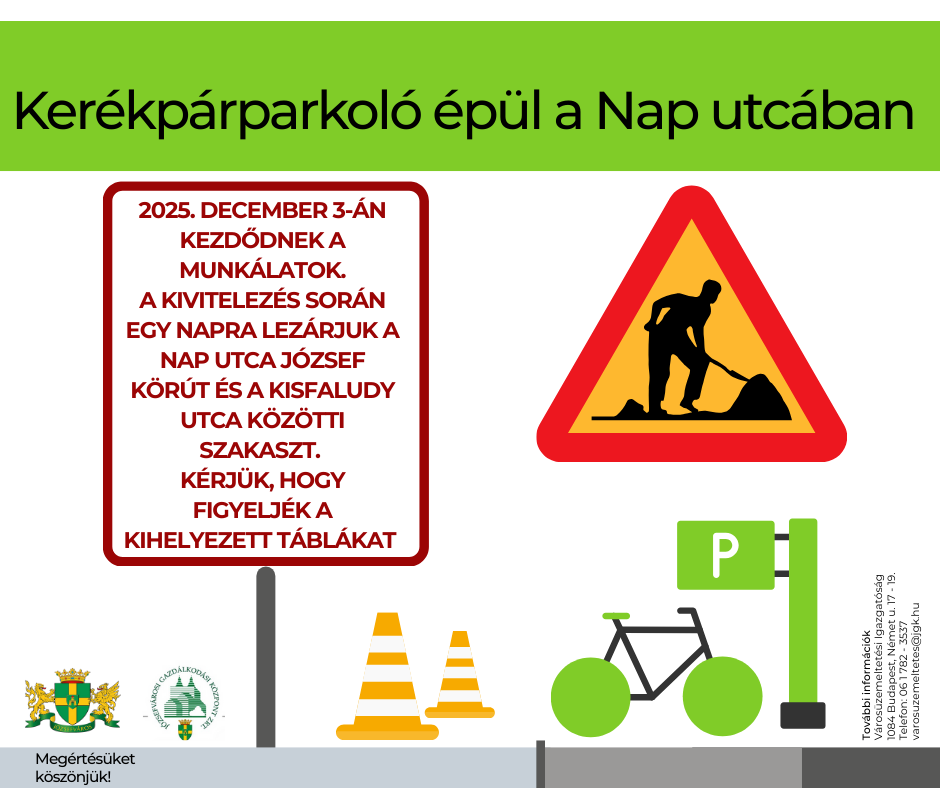Kerékpárparkoló épül a Nap utcában – Egy napra lezárják az érintett szakaszt
