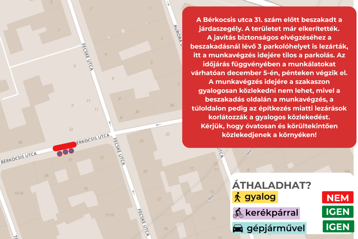 Járdaszegély beszakadás a Bérkocsis utca 31. szám előtt